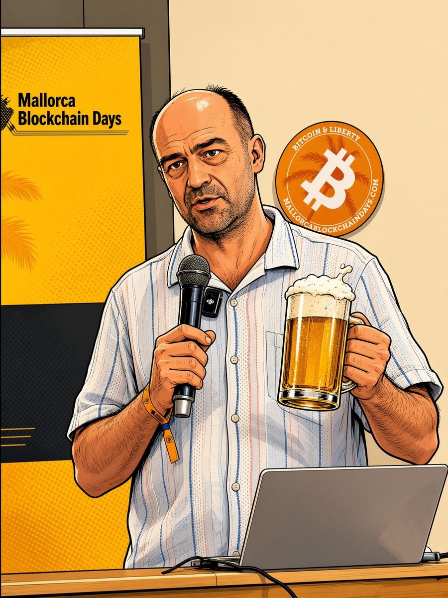 Speaker holding a beer on stage at Mallorca Blockchain Days
