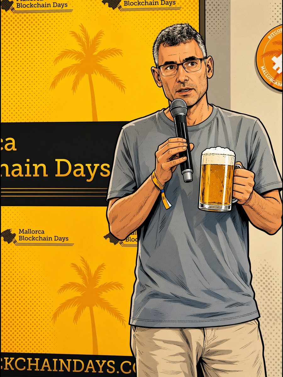 Speaker with a beer in hand at Mallorca Blockchain Days