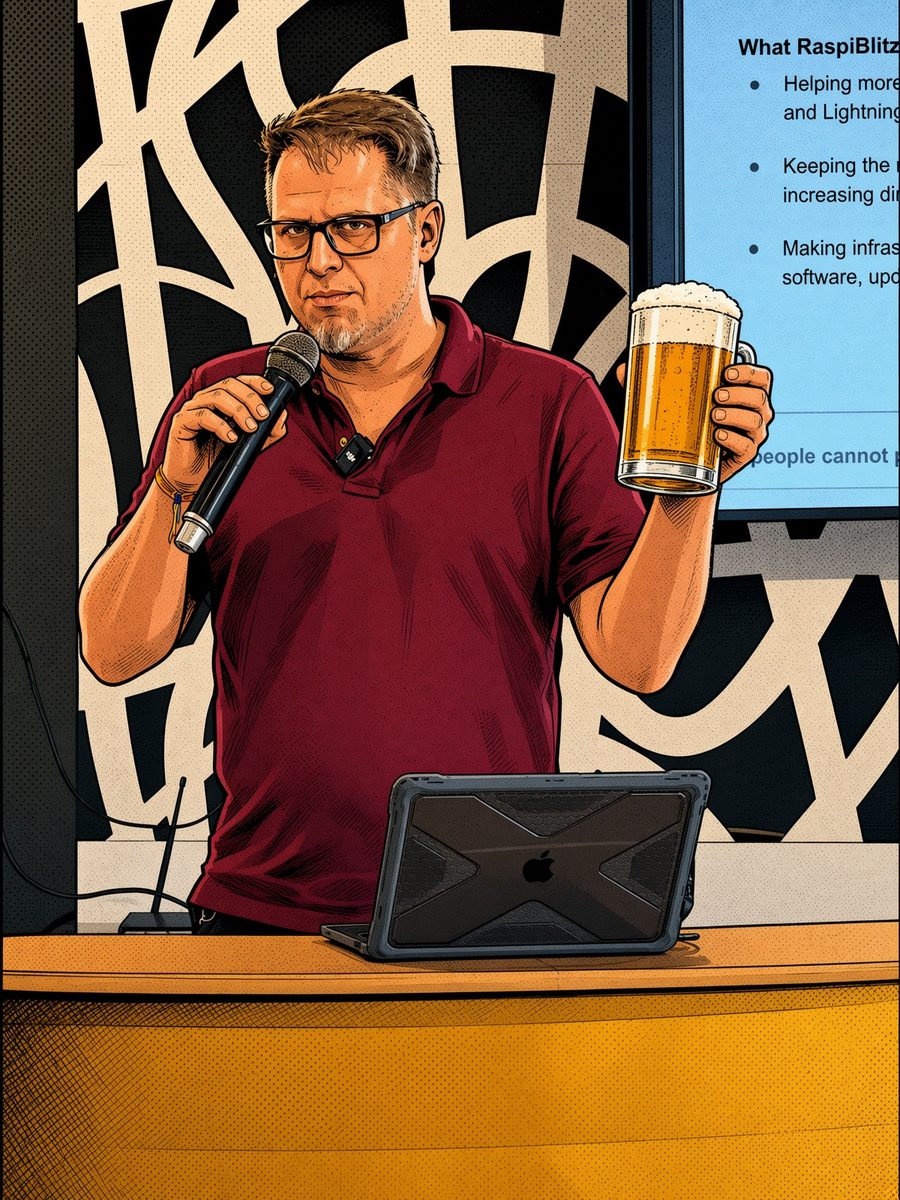 Speaker toasting with a beer during a talk