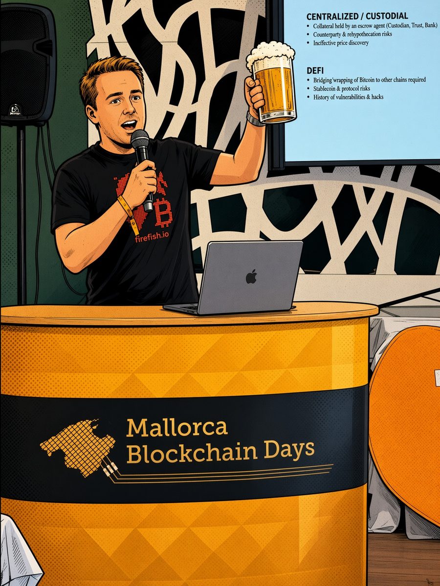 Speaker raising a beer on stage at Mallorca Blockchain Days